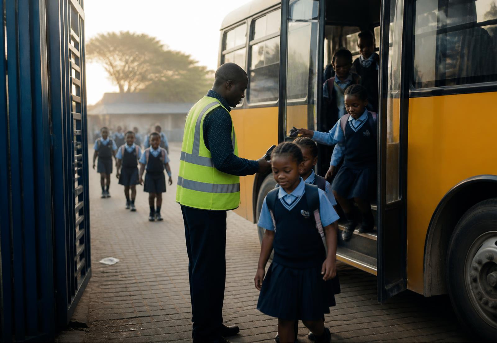 A bus assistant signing pupils off the school bus at the gate.
