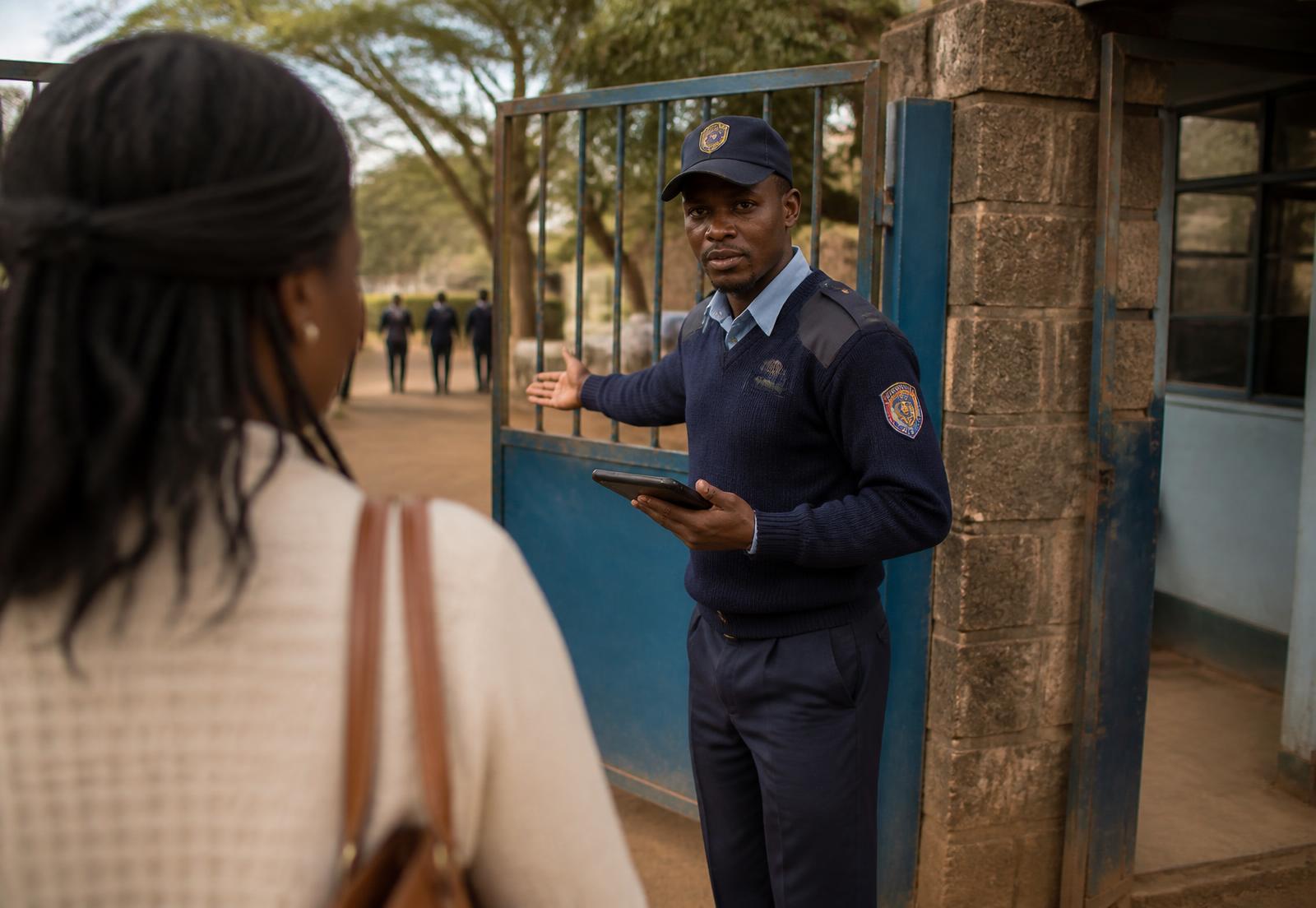 A uniformed school security officer at the gate clearing a visitor in on a tablet.
