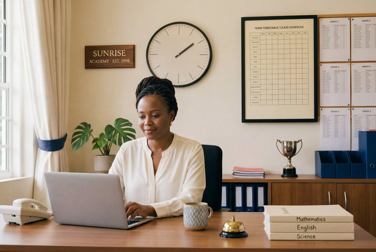 A school fees officer at her desk sends invoices to every family from one laptop.
