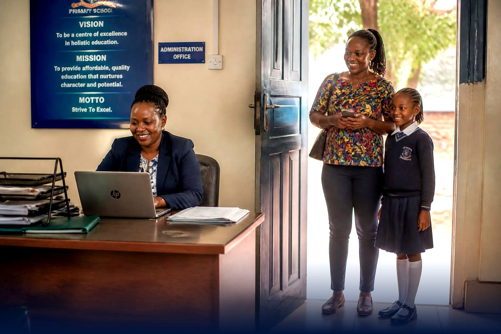 A parent and her daughter at the school administration office window.