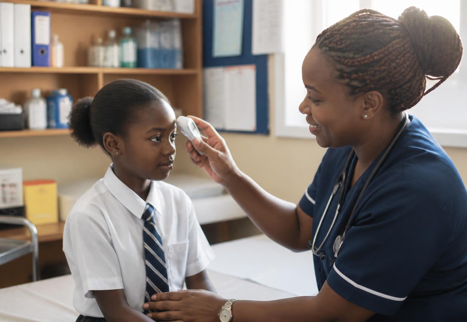 A school nurse checking a pupil's temperature in the sick bay.